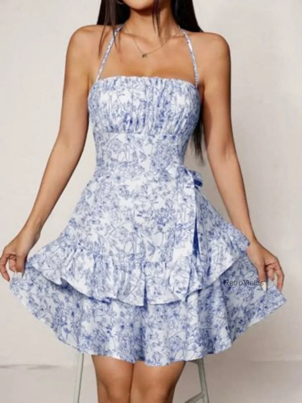 Floral Halter Mini Dress with Ruffle Hem and Tie Backless Detail, S-XL - Picture 3 of 7